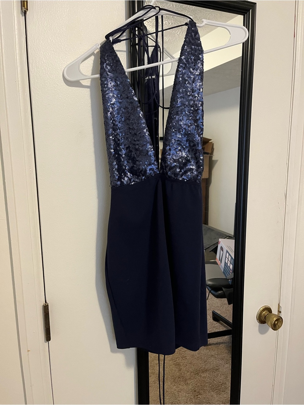 Navy Sequin Deep V Party Dress